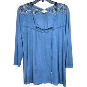 Madison Berkeley Boho Tunic Top Women XL Greenish Blue Crochet Indie Lightweight
